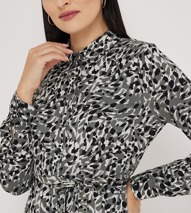 Printed Belt Detail Midi Dress