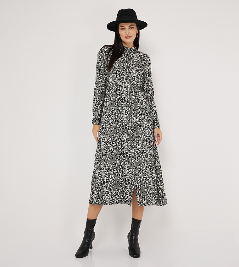 Printed Belt Detail Midi Dress