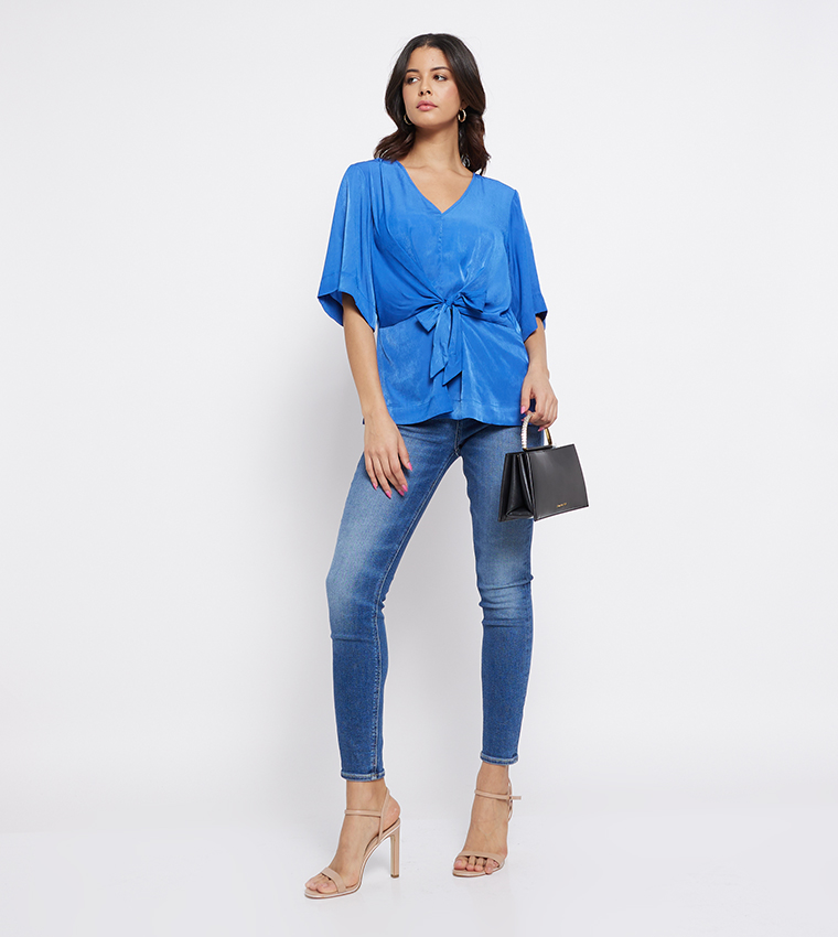 Solid V-Neck Tie-Up Detail Top