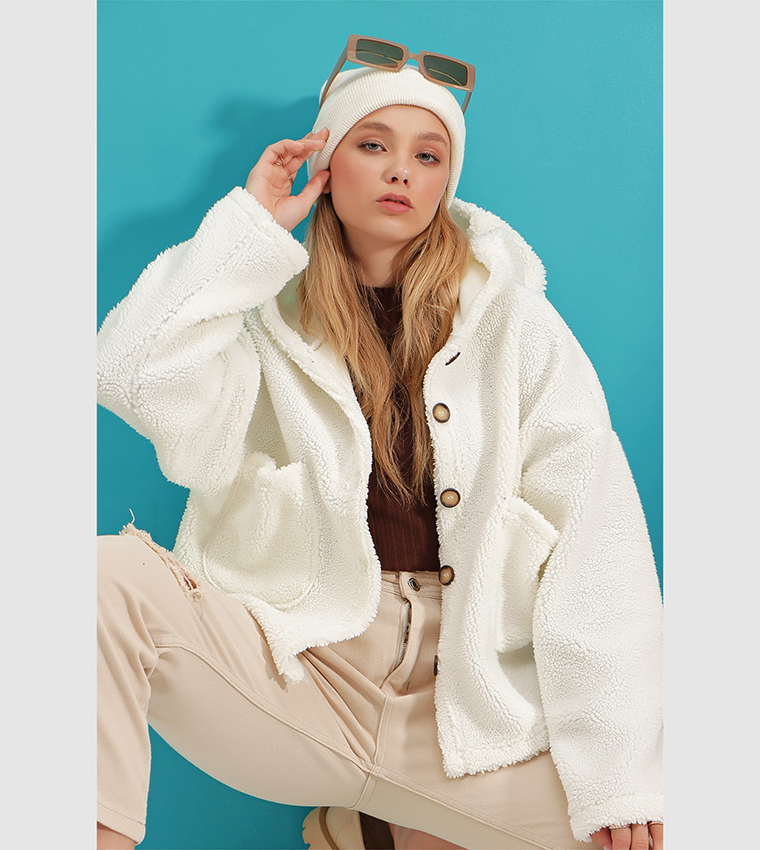 Hooded Double Pocket Plush Coat 