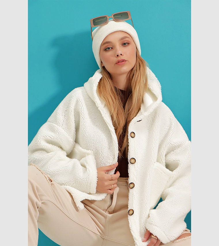 Hooded Double Pocket Plush Coat 