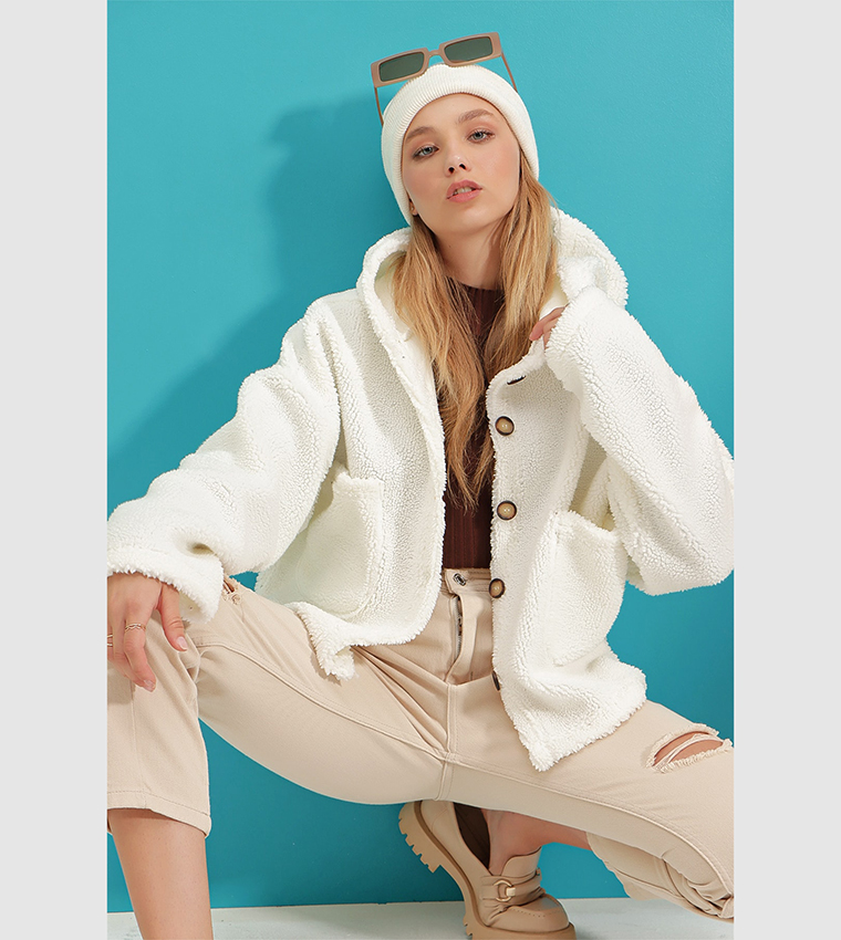 Hooded Double Pocket Plush Coat 
