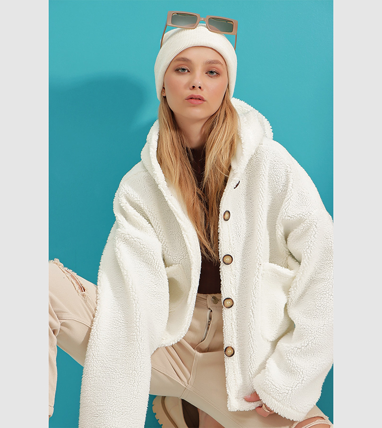 Hooded Double Pocket Plush Coat 
