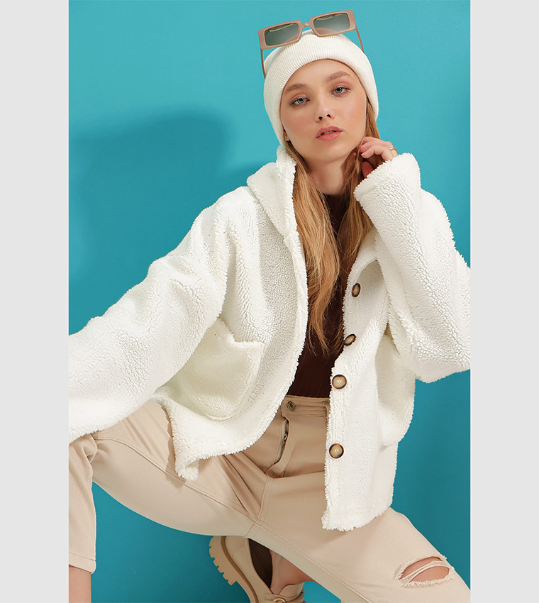 Hooded Double Pocket Plush Coat 