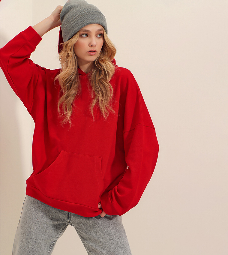 Buy Trend Alaçatı Stili Solid Kangaroo Pocket Oversized Hoodie In Red ...