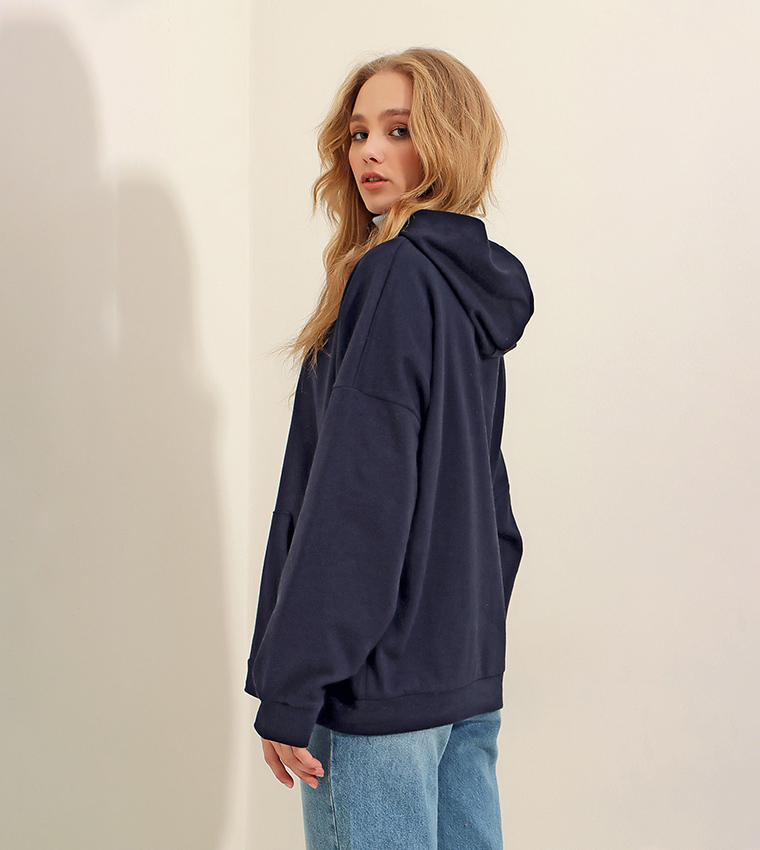 Buy Trend Alaçatı Stili Solid Kangaroo Pocket Oversized Hoodie In Navy ...