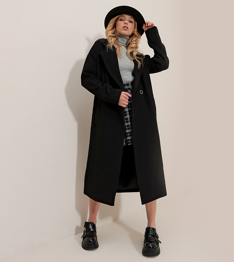 Buy Trend Alaçatı Stili Double Breasted Longline Coat In Black ...