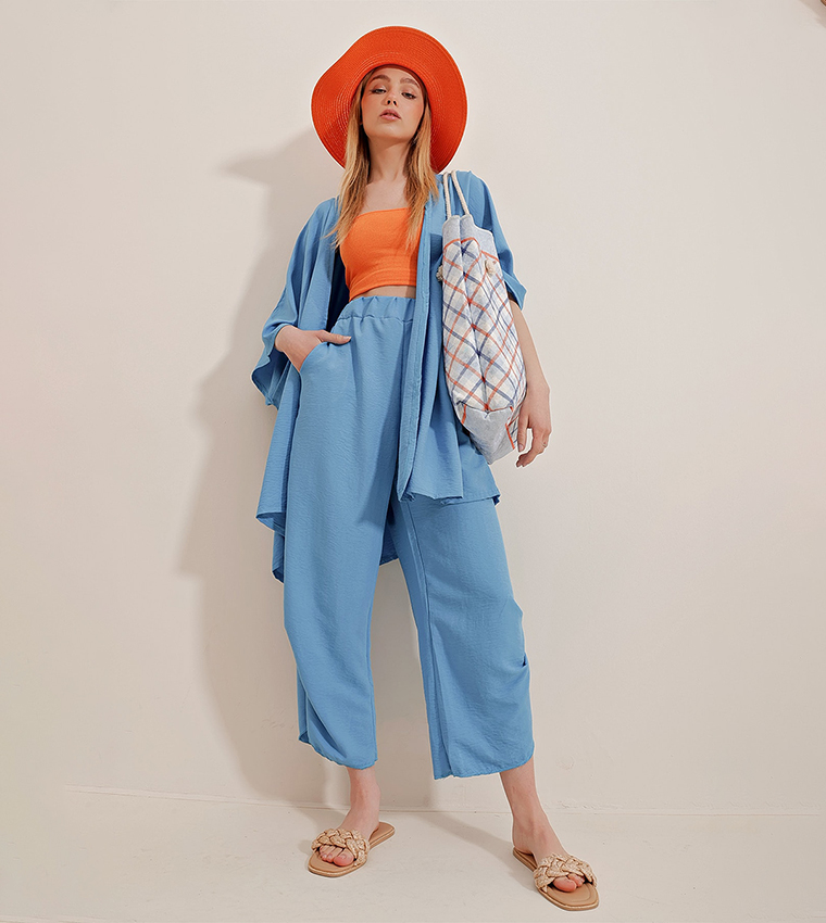 Crinkled Kimono And Trouser Set