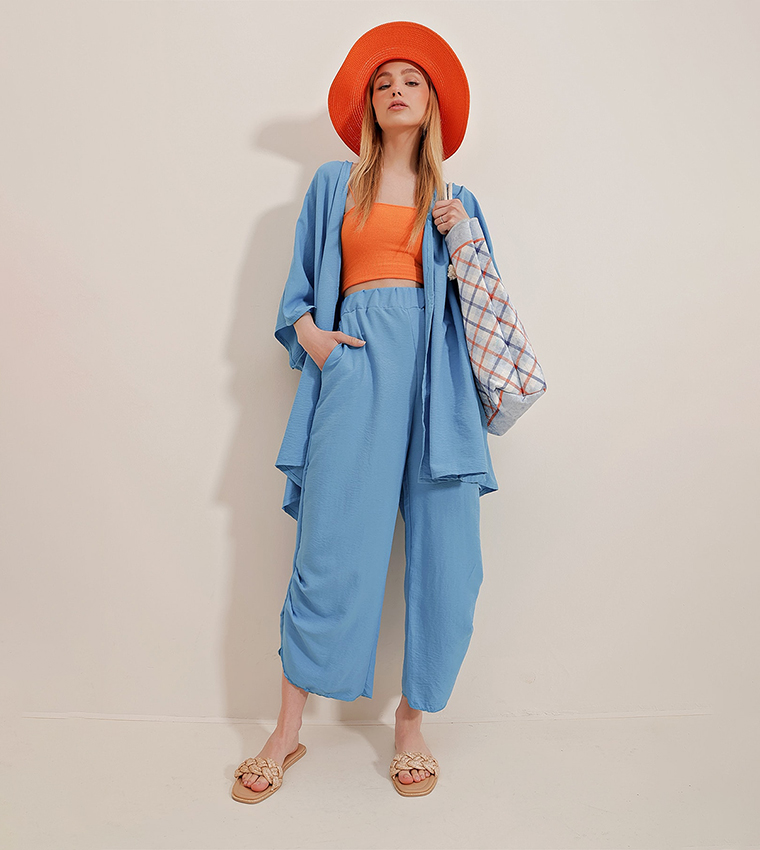 Crinkled Kimono And Trouser Set