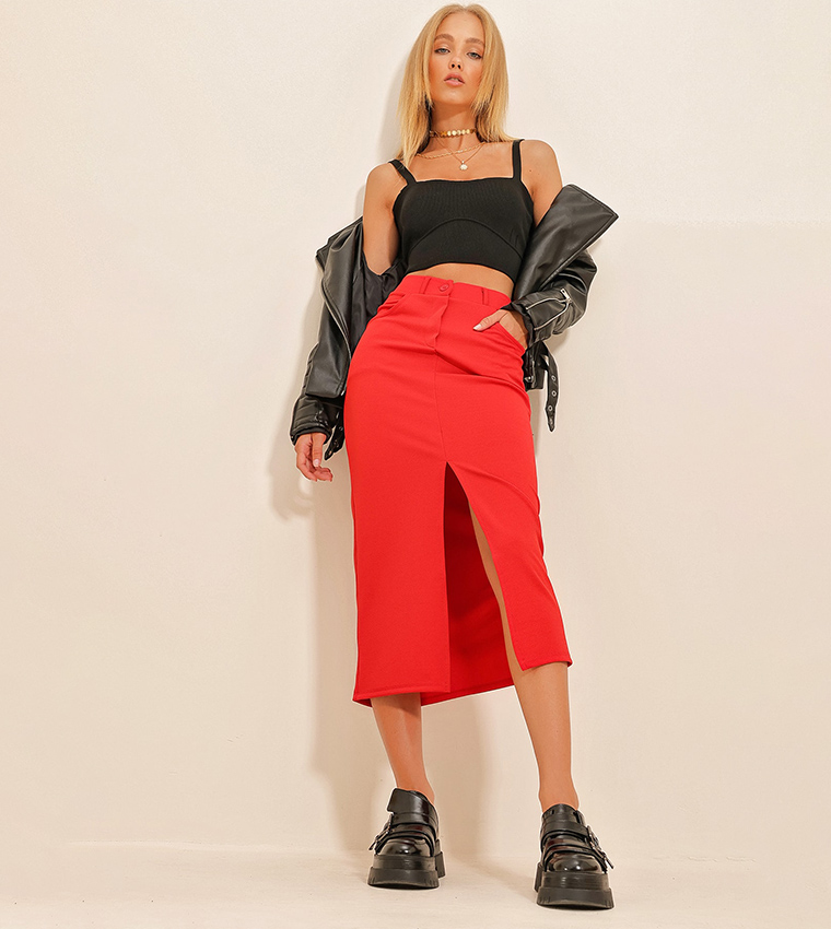 Buy Trend Alaçatı Stili High Waist Midi Skirt With Slit In Red ...