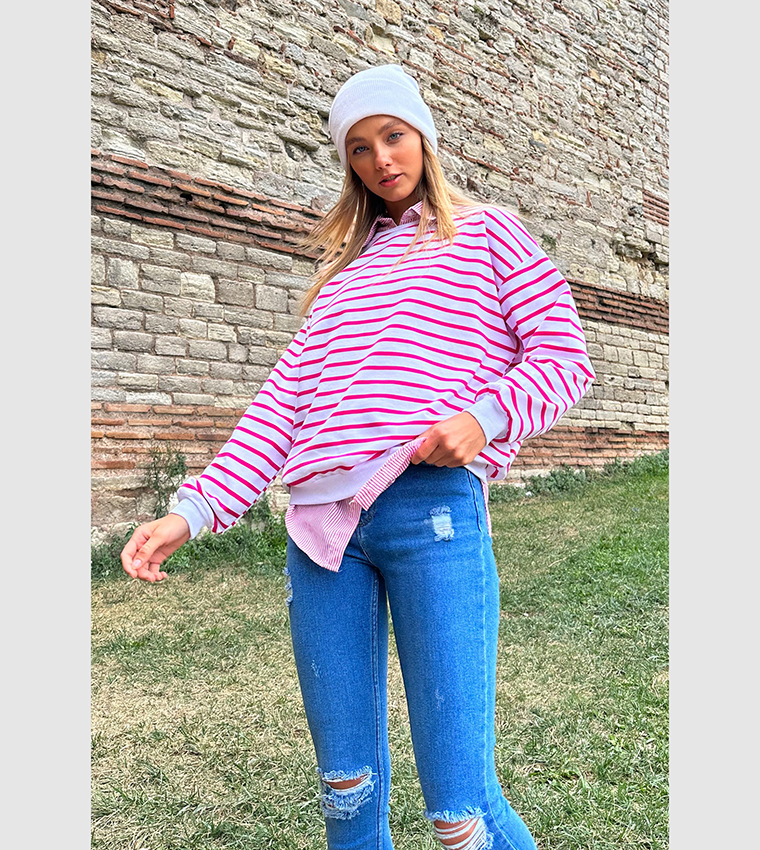 Buy Trend Alacat Stili Striped Long Sleeves Oversized Sweatshirt In Pink 6thStreet Qatar