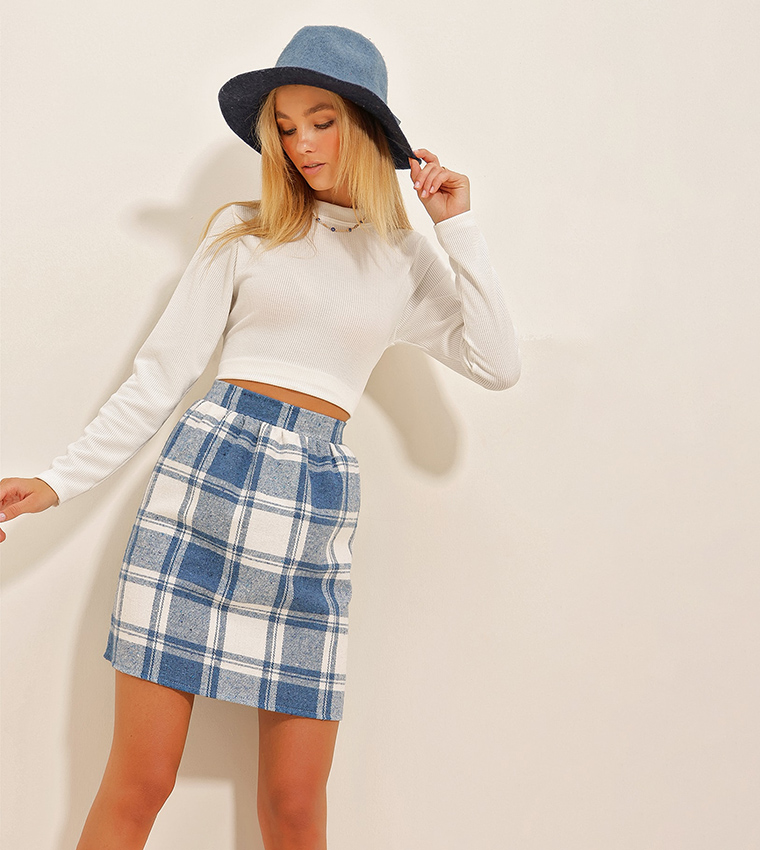 Plaid elastic 2025 waist mini skirt