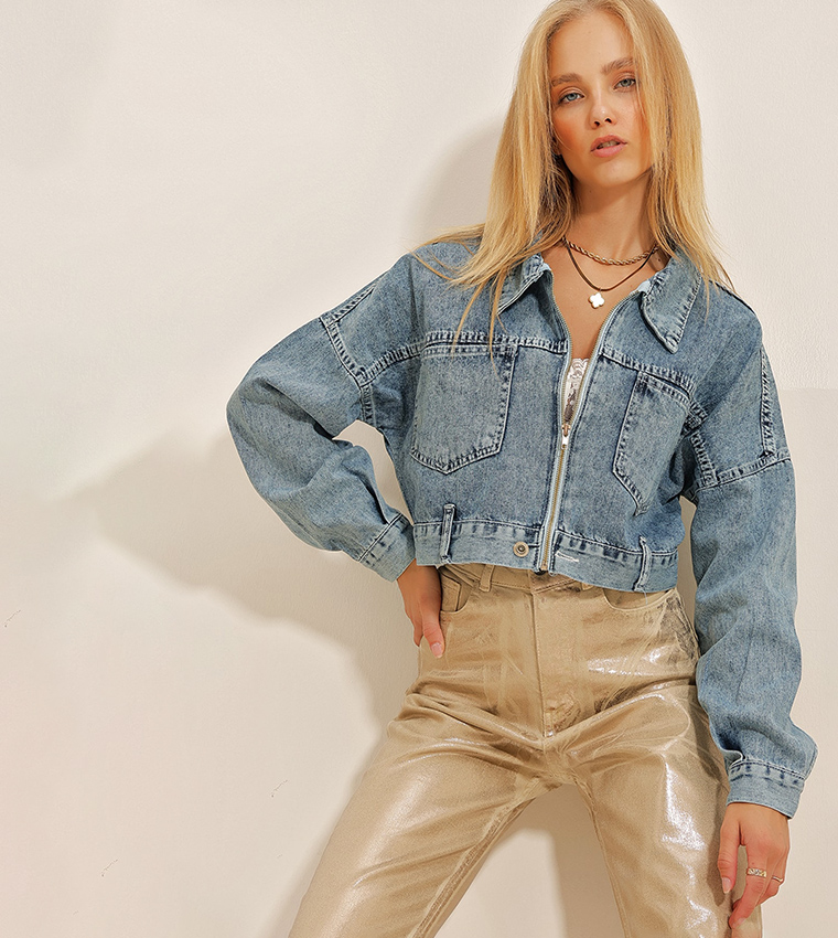 Buy Trend Alaçatı Stili Zippered Crop Denim Jacket In Blue 6thStreet