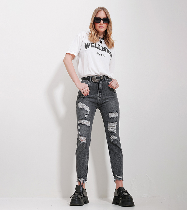 Buy Trend Alaçatı Stili Ripped High Waist Mom Fit Jeans In Grey