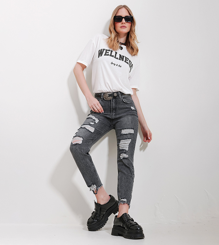 Buy Trend Alaçatı Stili Ripped High Waist Mom Fit Jeans In Grey