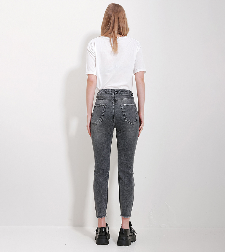 Buy Trend Alaçatı Stili Ripped High Waist Mom Fit Jeans In Grey