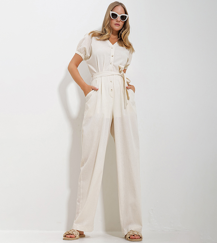 Buy Trend Alacat Stili Solid Short Sleeves Linen Jumpsuit In Cream 6thStreet Bahrain