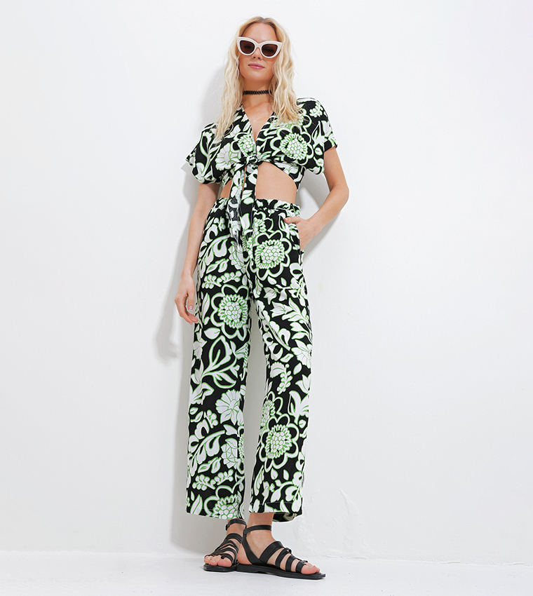 Printed Tie-Up Crop Top and Trouser Set