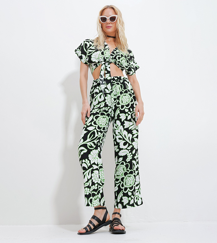 Printed Tie-Up Crop Top and Trouser Set