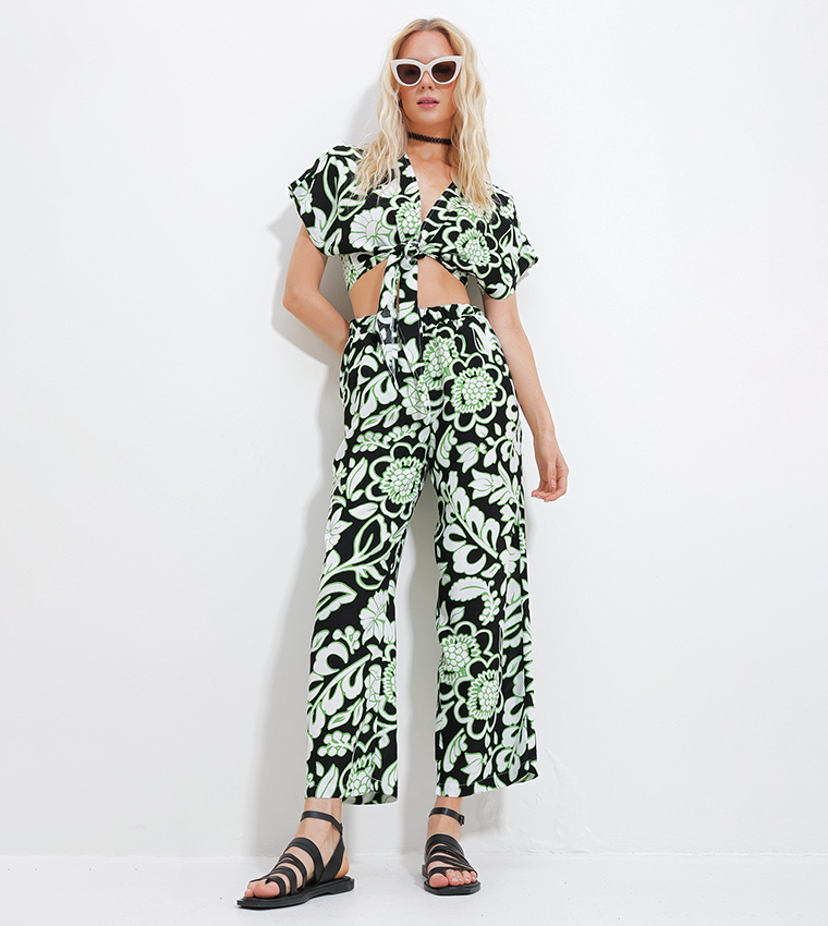 Printed Tie-Up Crop Top and Trouser Set