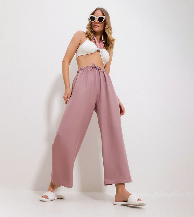 Drawstring Waist Wide Leg Trousers
