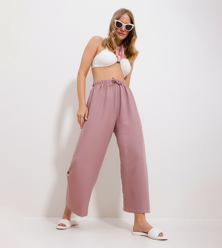 Drawstring Waist Wide Leg Trousers