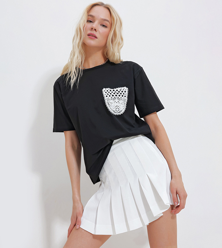 Guipure Pocket Crew Neck T-Shirt
