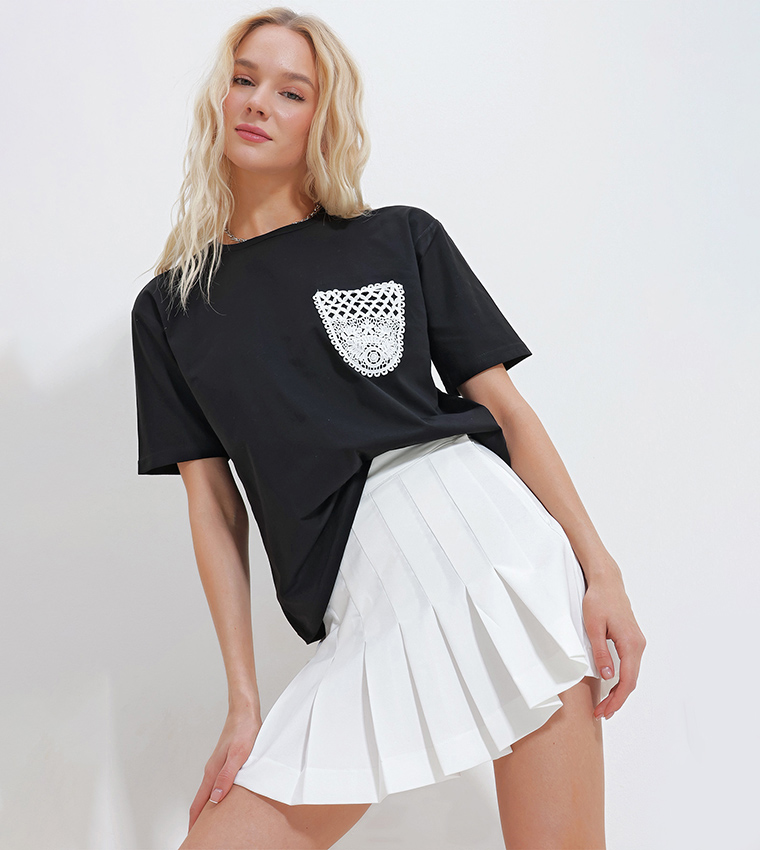 Guipure Pocket Crew Neck T-Shirt
