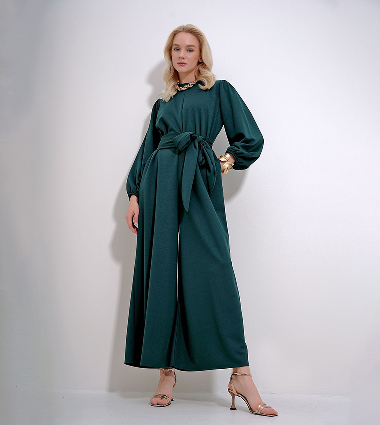 Puff Sleeves Waist Belted Jumpsuit