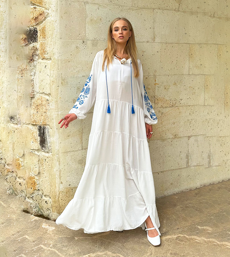 Embroidered Long Sleeves Maxi Dress