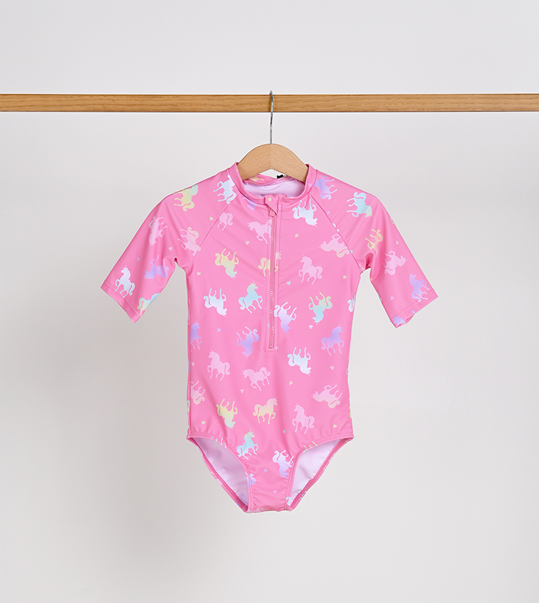 Printed Short Sleeves V-Cut Swimsuit