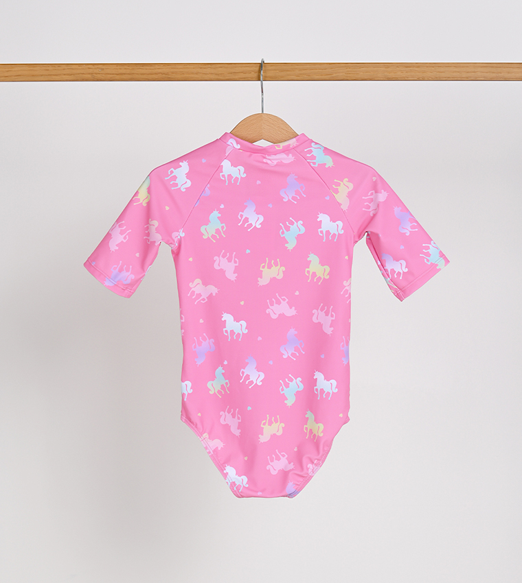Printed Short Sleeves V-Cut Swimsuit