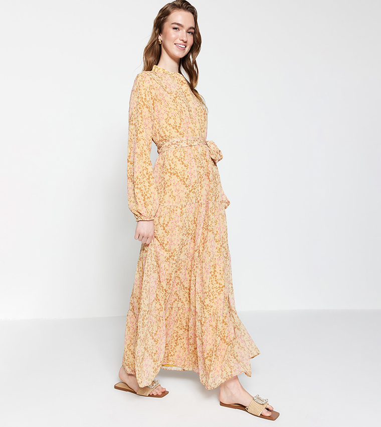 Floral Printed Belt Detail Chiffon Dress