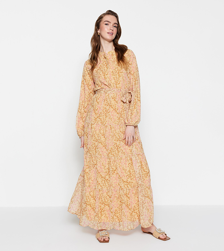 Floral Printed Belt Detail Chiffon Dress