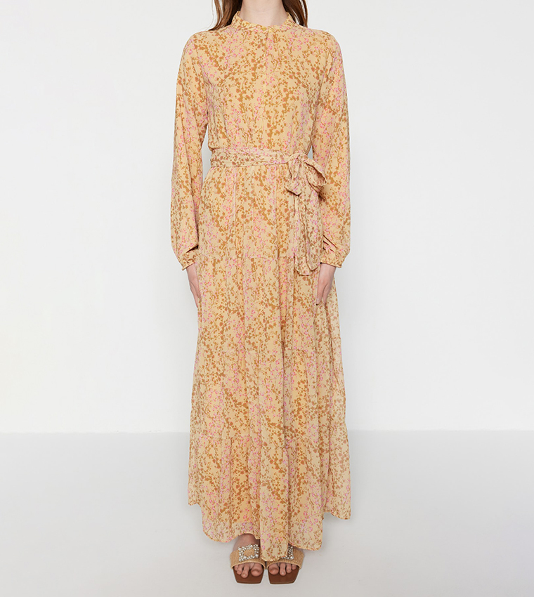 Floral Printed Belt Detail Chiffon Dress