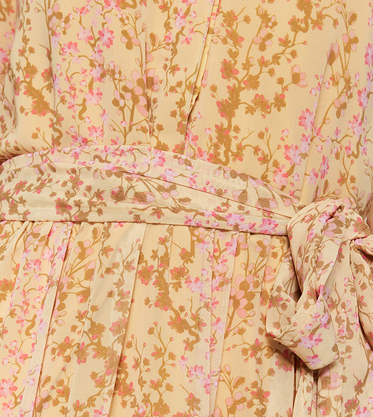Floral Printed Belt Detail Chiffon Dress