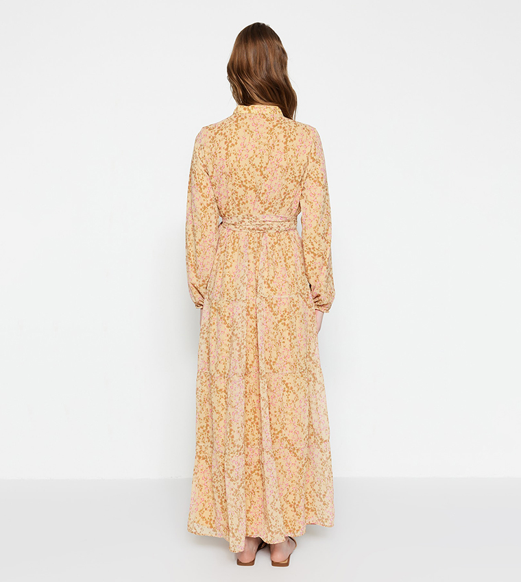 Floral Printed Belt Detail Chiffon Dress