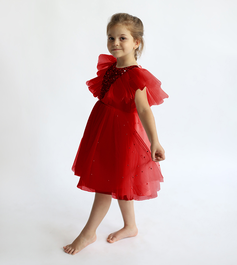 Sequins Embellished Flutter Sleeves Tulle Dress