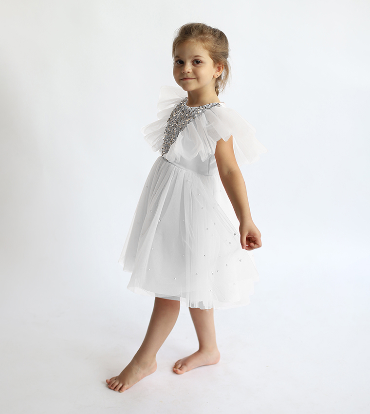 Sequins Embellished Flutter Sleeves Tulle Dress