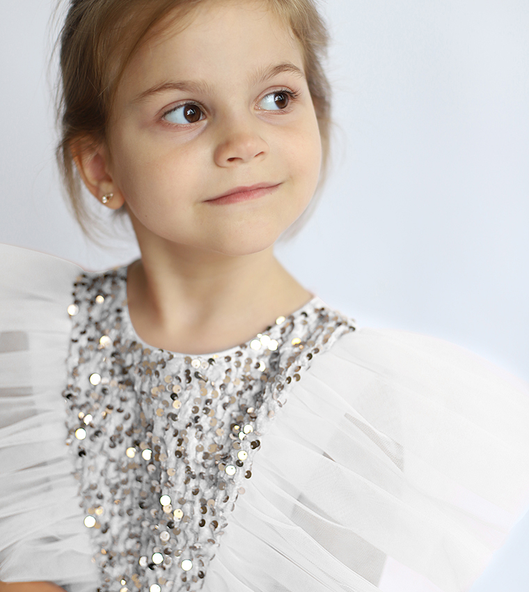 Sequins Embellished Flutter Sleeves Tulle Dress