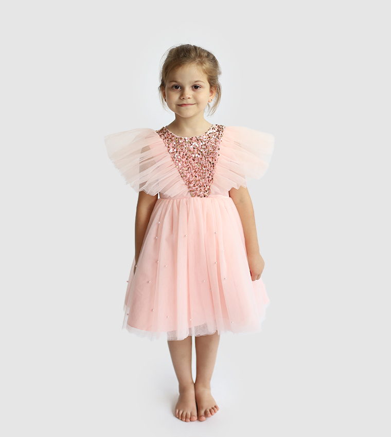 Sequins Embellished Flutter Sleeves Tulle Dress
