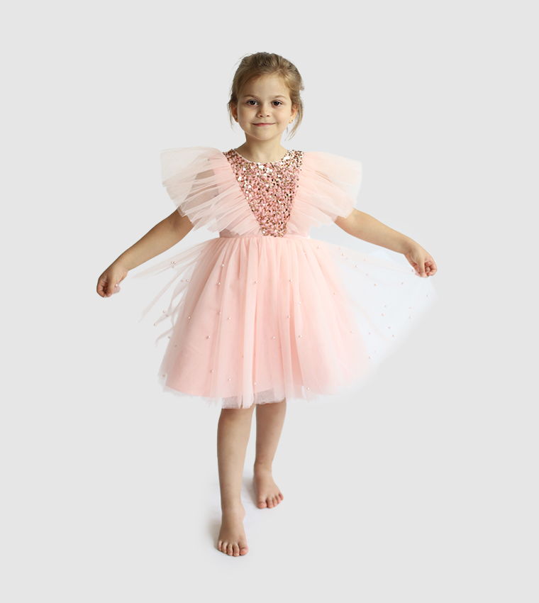 Sequins Embellished Flutter Sleeves Tulle Dress