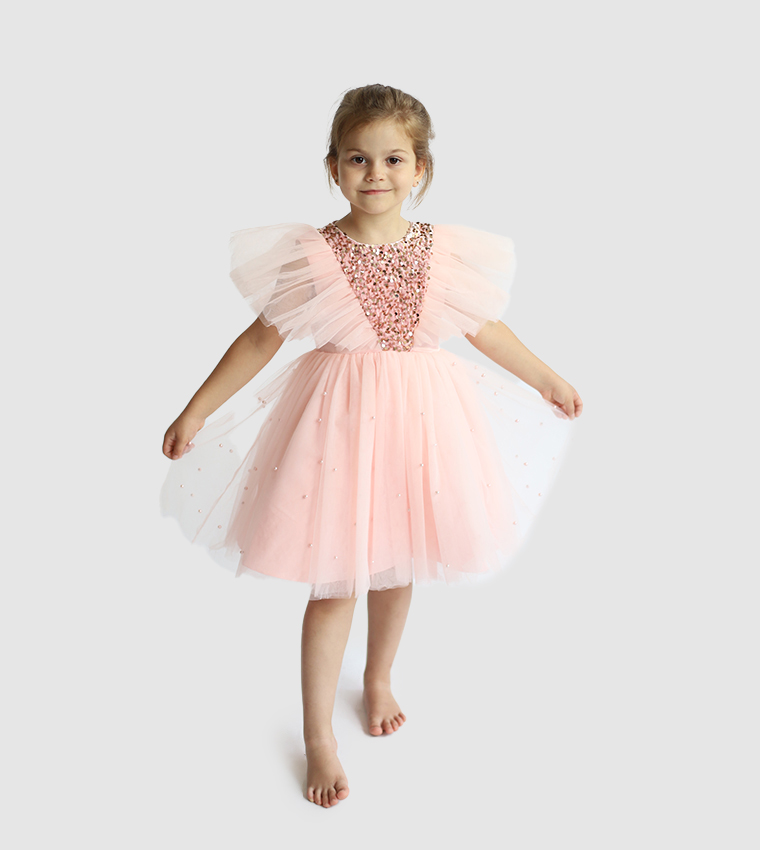 Sequins Embellished Flutter Sleeves Tulle Dress