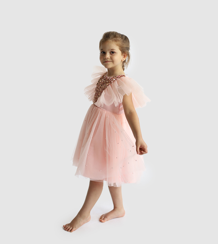 Sequins Embellished Flutter Sleeves Tulle Dress