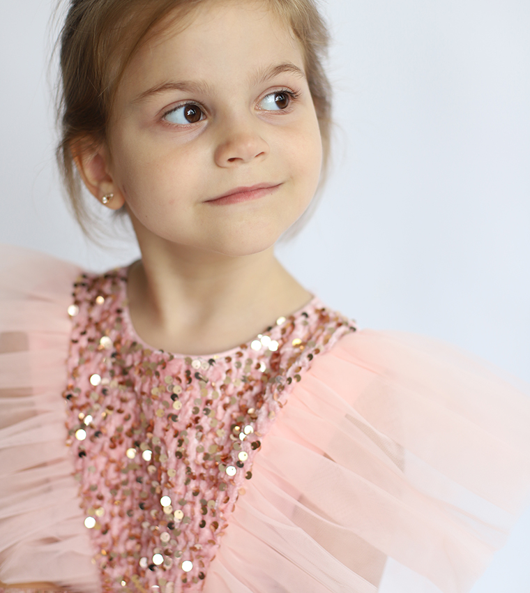 Sequins Embellished Flutter Sleeves Tulle Dress