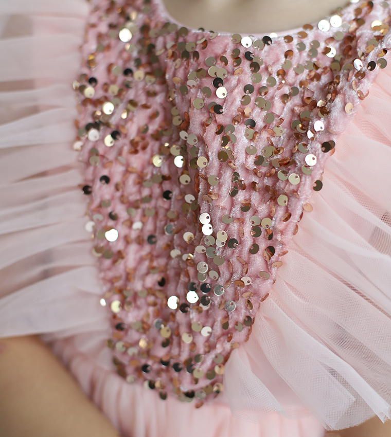 Sequins Embellished Flutter Sleeves Tulle Dress