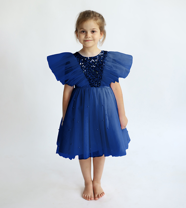 Sequins Embellished Flutter Sleeves Tulle Dress