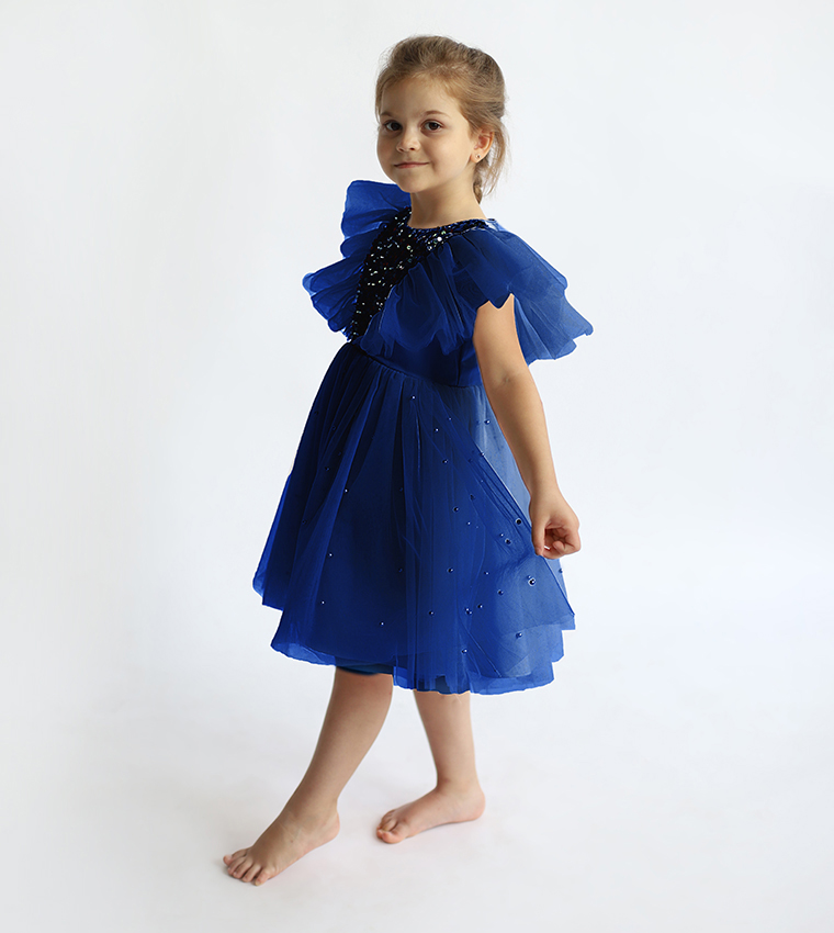 Sequins Embellished Flutter Sleeves Tulle Dress