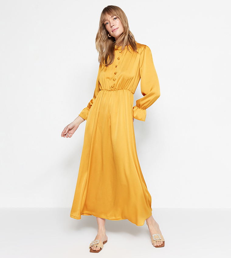 Buy Trendyol Button Detail Satin Maxi Dress In Mustard