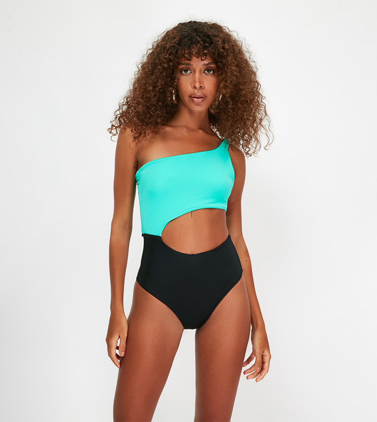 Color block one shoulder swimsuit on sale